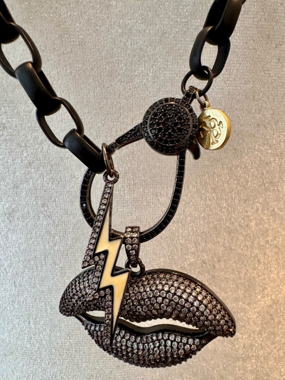 Black Matte Link Necklace with Charms & Black Rhinestone Toggle Clasp
